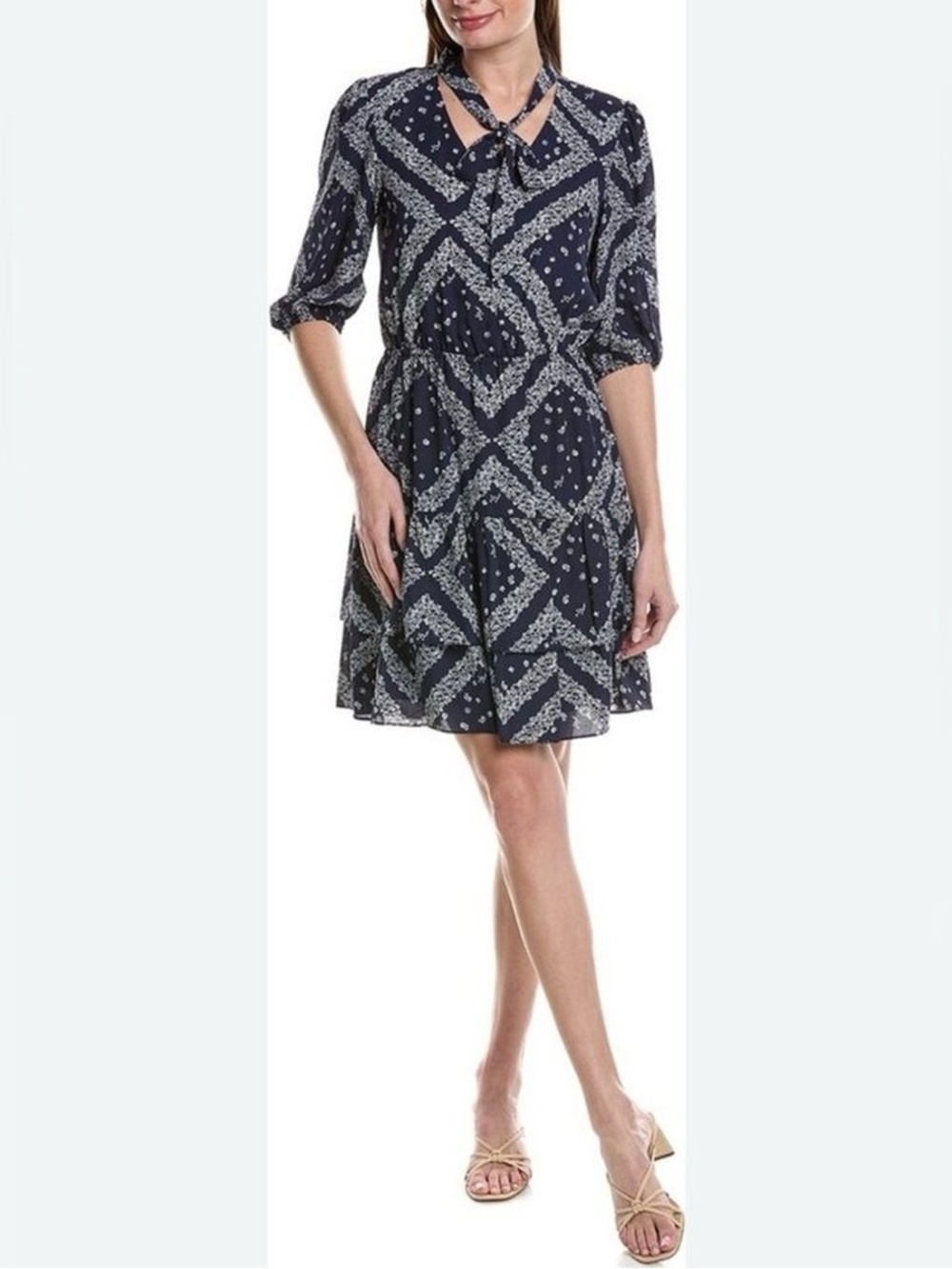 Nanette Lepore Navy and White Printed Crepe Tie-Neck Dress
